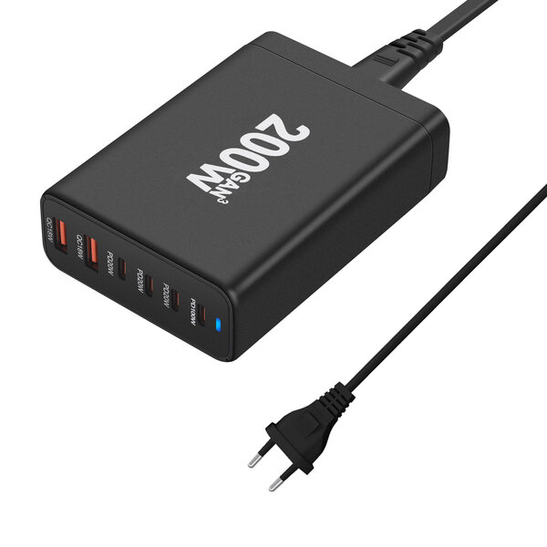 6-porttinen pikalaturi, kannettava 200 W USB C -latausaseman seinälaturisovitin, kompakti matkalaturi iPhone 14 13 12 11 Pro Max Pixel Note Galaxylle