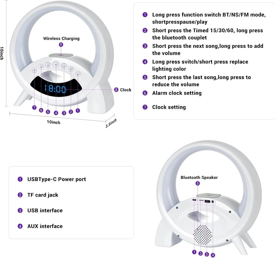 Langaton latausilman lamppu Bluetooth-kaiuttimella Herätyskello yövalo 15 W langaton laturi Kaiutin yövalaisimelle Pöytäkellon äänikoneen ympäristön valaistus hinta ja tiedot | Puhelimen laturit | hobbyhall.fi