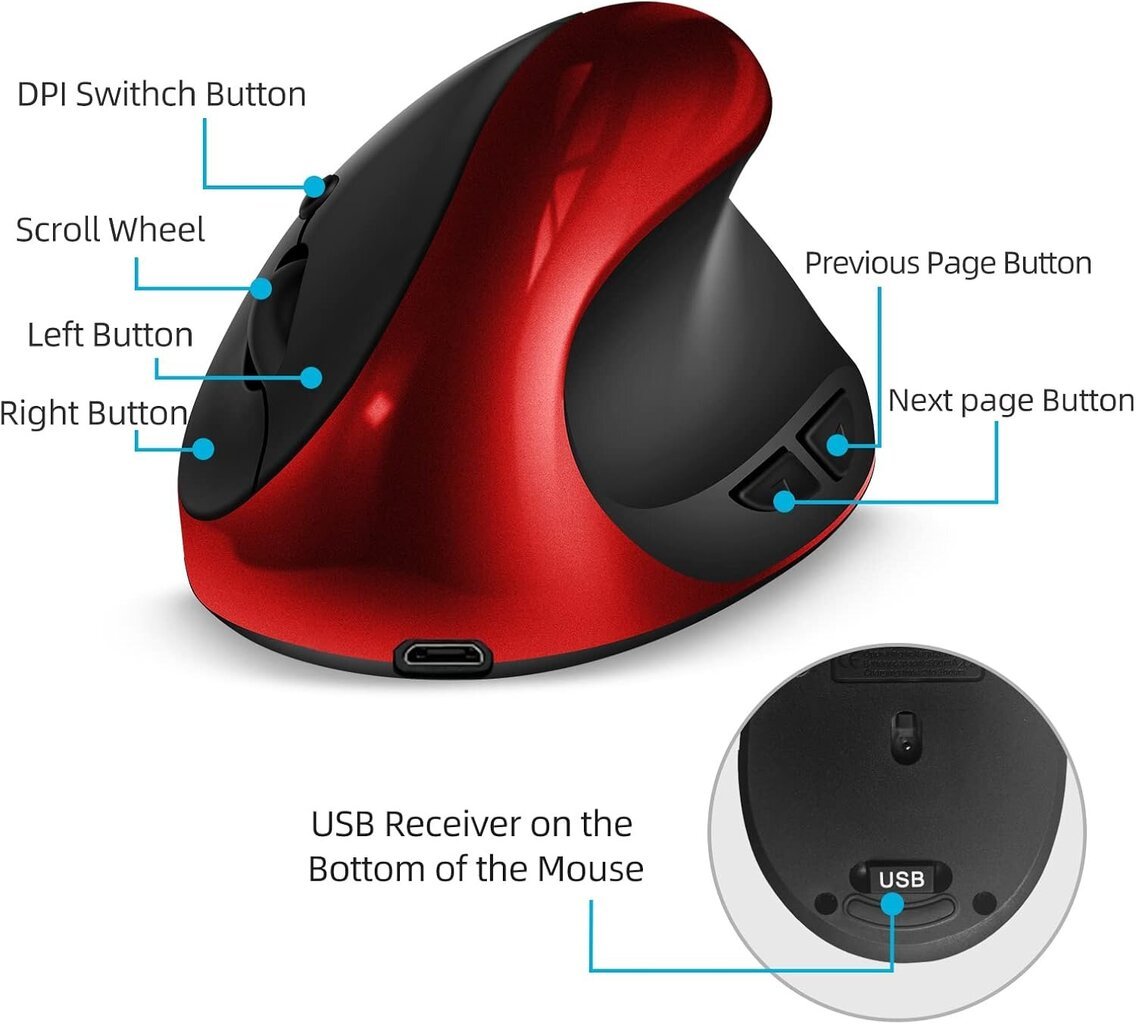 Ergonominen hiiri, ladattava pystysuuntainen hiiri Langaton Ergo-hiiri 6 painikkeella 3 säädettävää 1000/1200/1600 DPI kannettavalle tietokoneelle, pöytäkoneelle, PC:lle, MacBookille hinta ja tiedot | Hiiret | hobbyhall.fi