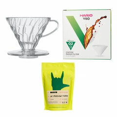 Pakkaus: Hario V60-02 läpinäkyvä tiputin + V60-02 suodattimet + HAYB Tropik Coffee 250g hinta ja tiedot | Hario Kodinkoneet ja kodinelektroniikka | hobbyhall.fi