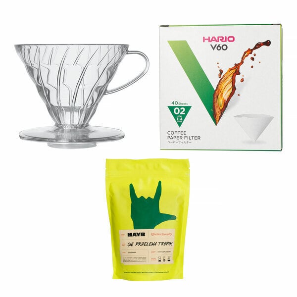 Pakkaus: Hario V60-02 läpinäkyvä tiputin + V60-02 suodattimet + HAYB Tropik Coffee 250g