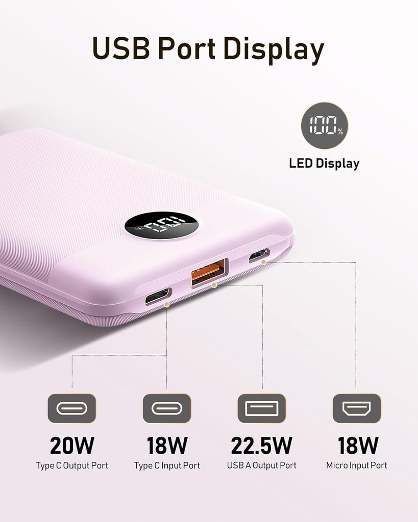 VEEKTOMX Mini Power Bank 10000mAh, violetti hinta ja tiedot | Varavirtalähteet | hobbyhall.fi