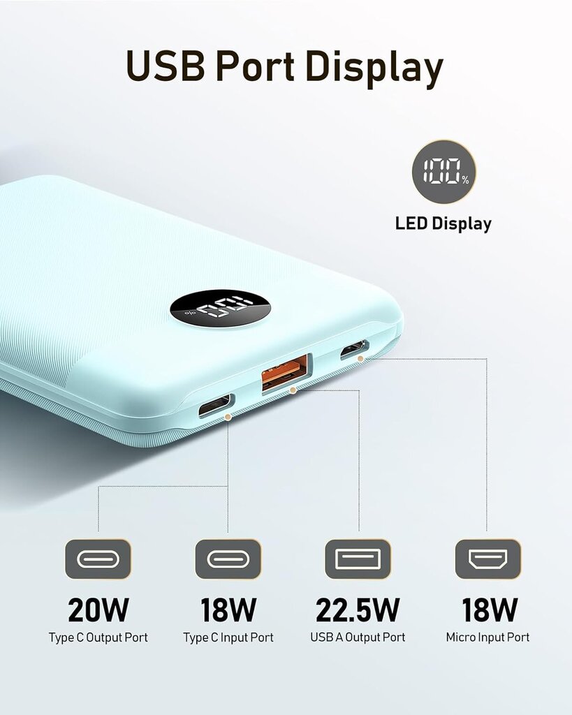 VEEKTOMX Mini Power Bank 10000mAh, sininen hinta ja tiedot | Varavirtalähteet | hobbyhall.fi