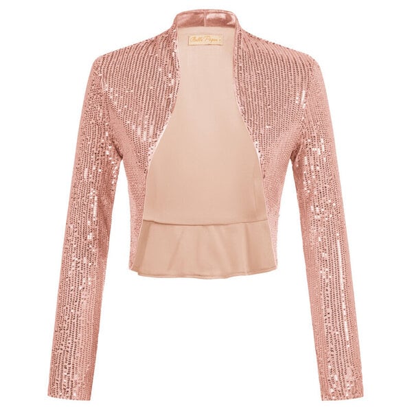 (M-Rose Gold)Belle Poque naisten paljettitakki pitkähihainen avoin edestä Glitter rajattu bleiseri Bolero olkapäitä Vintage paljeteilla röyhelöity helma Party