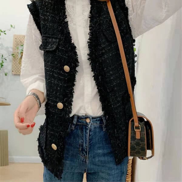 (xxL 65-70kg-musta)Gilet Blanc Hihattomat liivit Korean tyyli napit liivit Chalecos Elegantes Para Mujer Vintage Tweed liivi tasku naisten takki