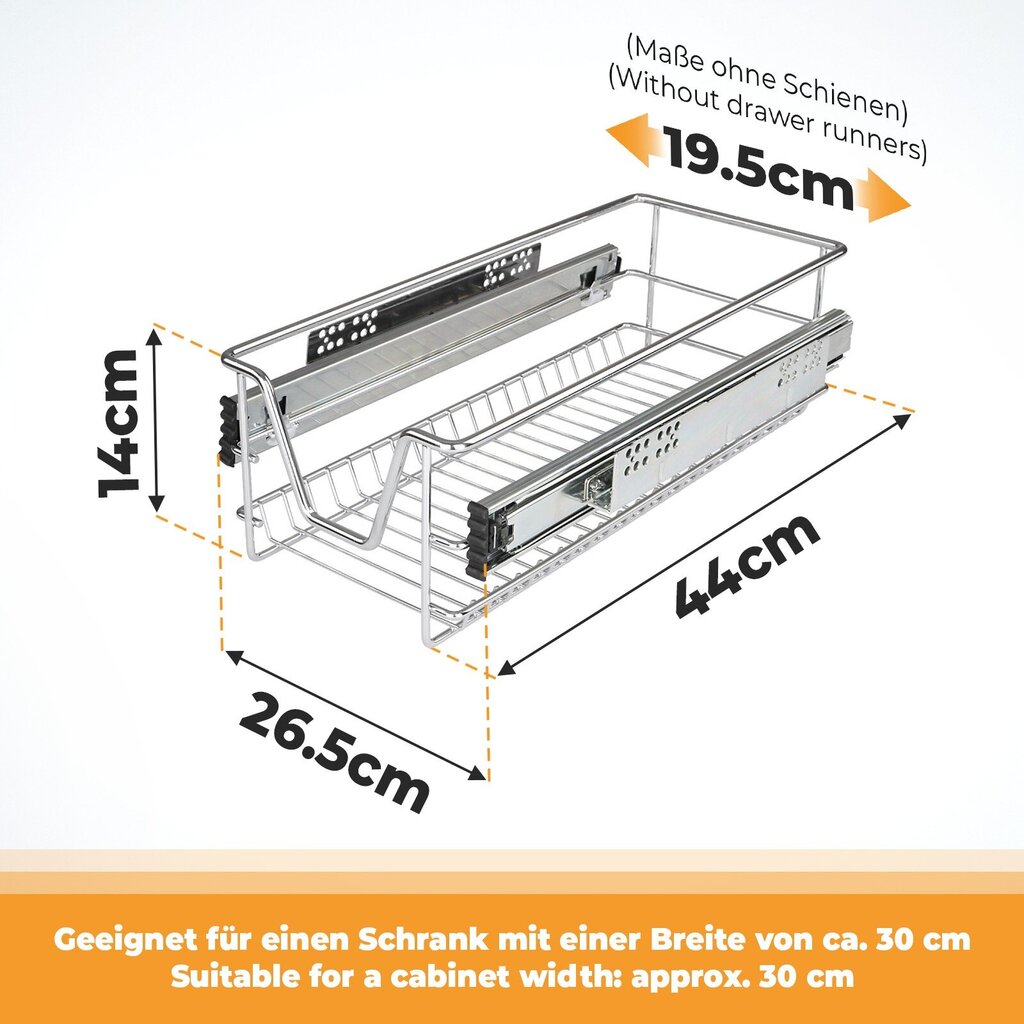 Teleskooppilaatikko - 30 cm, sarjassa 4 kpl, sisältäen kiskot, 30 cm leveään kaappiin sopiva, kromattu keittiölaatikko, "HB". hinta ja tiedot | Vuodevaatelaatikot | hobbyhall.fi