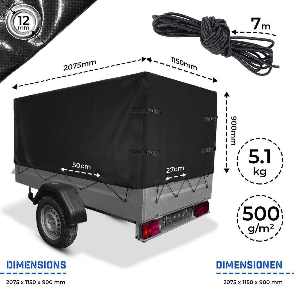 Korkea pressu - 2075 x 1150 x 900 mm, kumihihnalla, purjerenkailla ja solkihihnoilla, vedenpitävä, musta - suojapeite, "HB". hinta ja tiedot | Peräkärryt ja venetrailerit | hobbyhall.fi