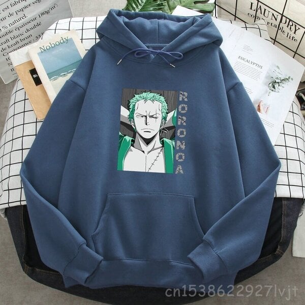 (MHaze Blue5) Roronoa Zoro Print Hupparit Naiset Miehet Japani Anime Puserot Hupulliset Merkki Mies Nainen Hupulliset taskut Katuvaatteet SHRY