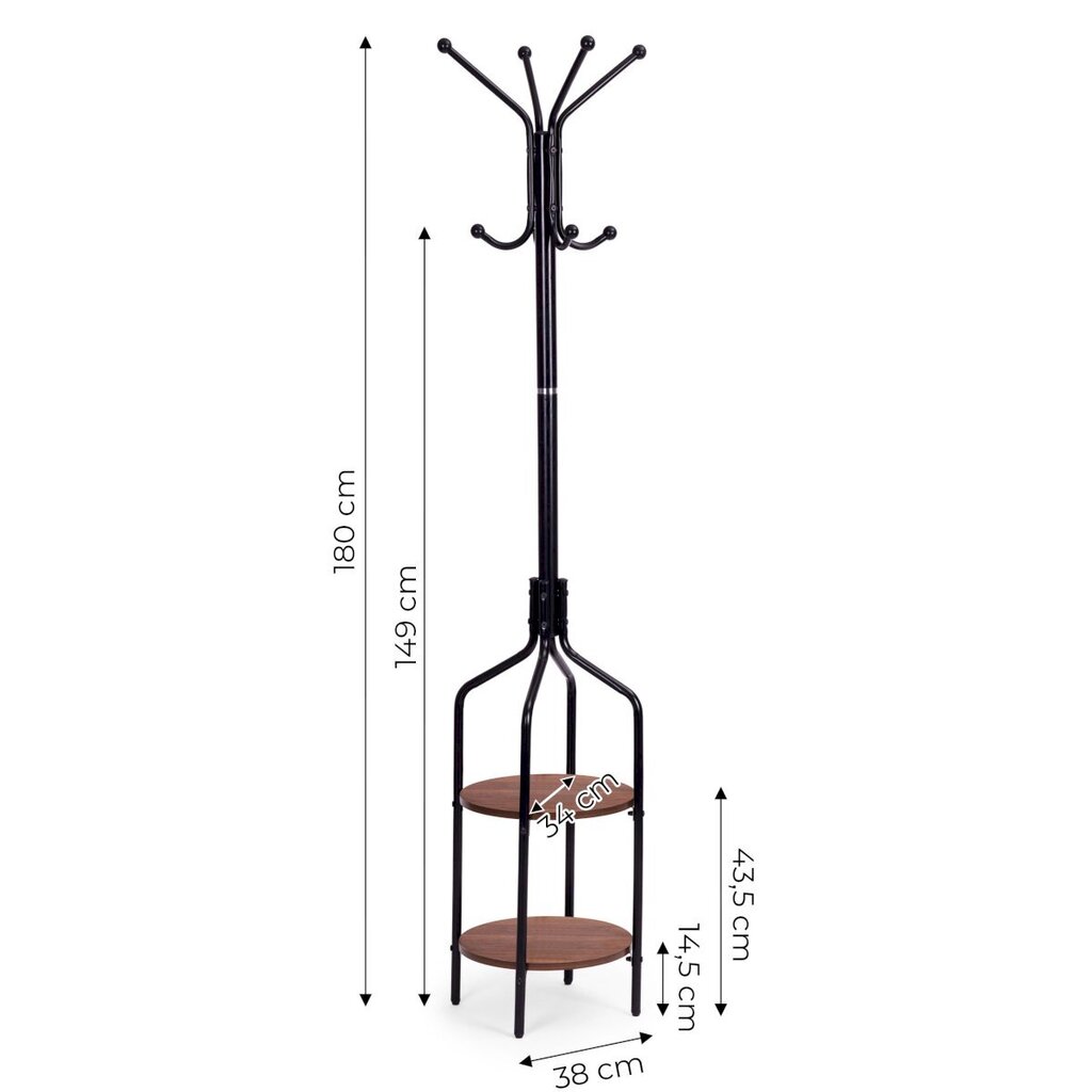 Metallinen ripustin hyllyillä ja 8 koukulla, Modern Home, 180 cm., musta hinta ja tiedot | Vaateripustimet ja pukupussit | hobbyhall.fi