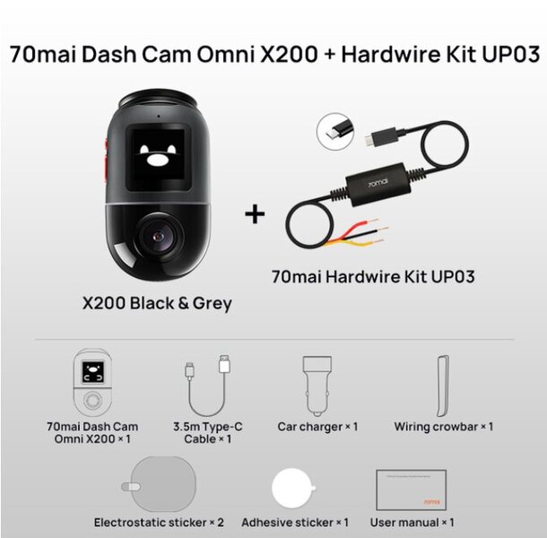 70mai Dash Cam Omni X200 360° Full View Design AI Motion Detection Auto DVR Sisäänrakennettu GPS ADAS 24H Pysäköintimonitori eMMC-tallennustila