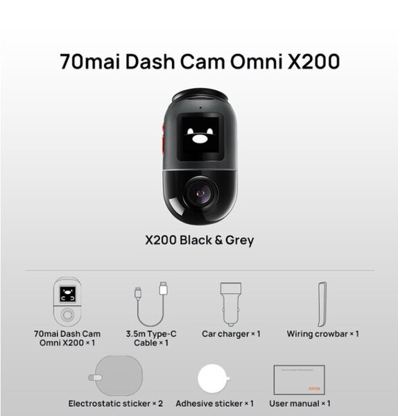 70mai Dash Cam Omni X200 360° Full View Design AI Motion Detection Auto DVR Sisäänrakennettu GPS ADAS 24H Pysäköintimonitori eMMC-tallennustila