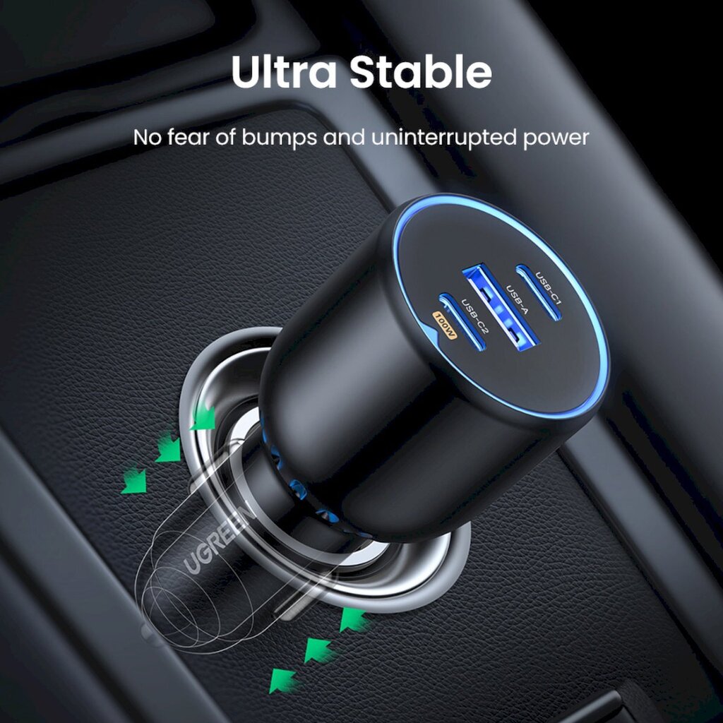 Autolaturi, Ugreen CD2931, 2 x USB-C, PD ja 1x USB-A, 130 W., musta hinta ja tiedot | Varavirtalähteet | hobbyhall.fi