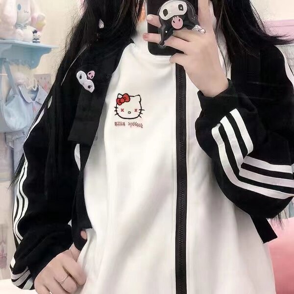 (S-W06)Sanrio Hello Kitty Kawaii Oversize vetoketjullinen takki naisille Y2k Uudet kevään syystopit Hip-hop Löysät makeat Korean tyyliset vaatteet