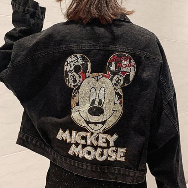 (2xL -musta)Disney Mickey Sarjakuva Muoti Farkkutakki Hip-hop Streetwear Trendikäs Miesten Naisten Takit Uudet korealaiset Loose Harajuku Couples Y2k Topit