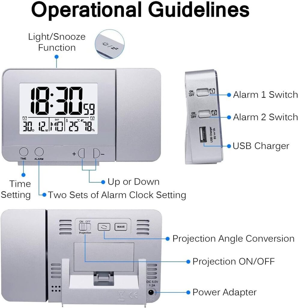 Projektiokello, LED-näyttökello taustavalon torkkutoiminnolla, huoneen lämpötila/viikonpäivä/manuaalinen ajansäätö/päivämääränäyttö himmennyksellä hinta ja tiedot | Kelloradiot ja herätyskellot | hobbyhall.fi