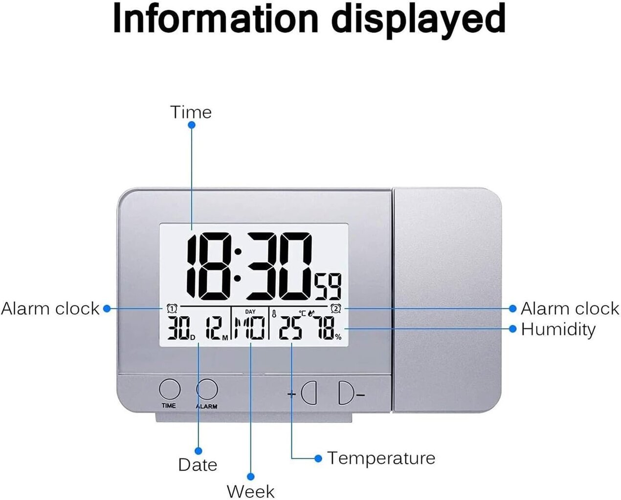 Projektiokello, LED-näyttökello taustavalon torkkutoiminnolla, huoneen lämpötila/viikonpäivä/manuaalinen ajansäätö/päivämääränäyttö himmennyksellä hinta ja tiedot | Kelloradiot ja herätyskellot | hobbyhall.fi