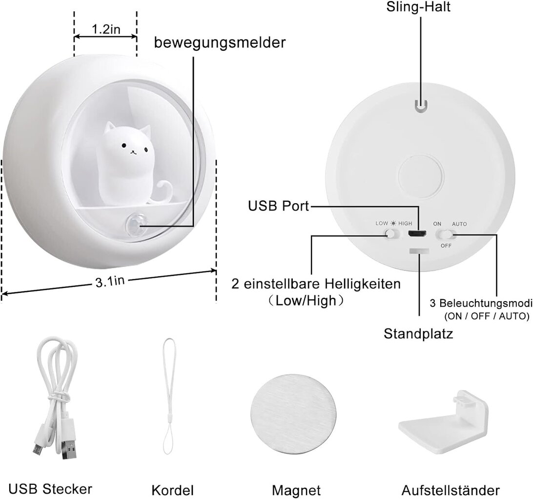 Yövalo - liiketunnistin, ladattava ja magneettinen | Täydellisiä lahjoja kissan ystäville | Säädettävä kirkkaus ja 3 asennusvaihtoehtoa hinta ja tiedot | Pöytävalaisimet | hobbyhall.fi