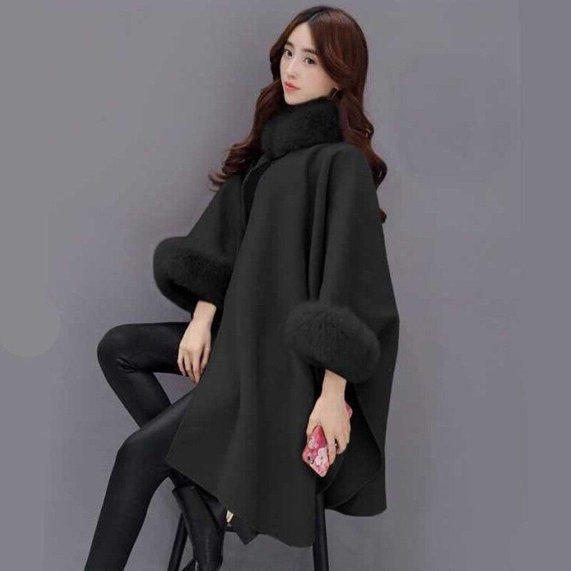 (xxxL-BK)Elegantit Naisten Talvitakit Batwing Pörröhihainen Viittatakki Lady Villainen Päällystakki Cape Fox Turkiskaulus Lämpimät Ponchot Feminino hinta ja tiedot | Naisten takit | hobbyhall.fi