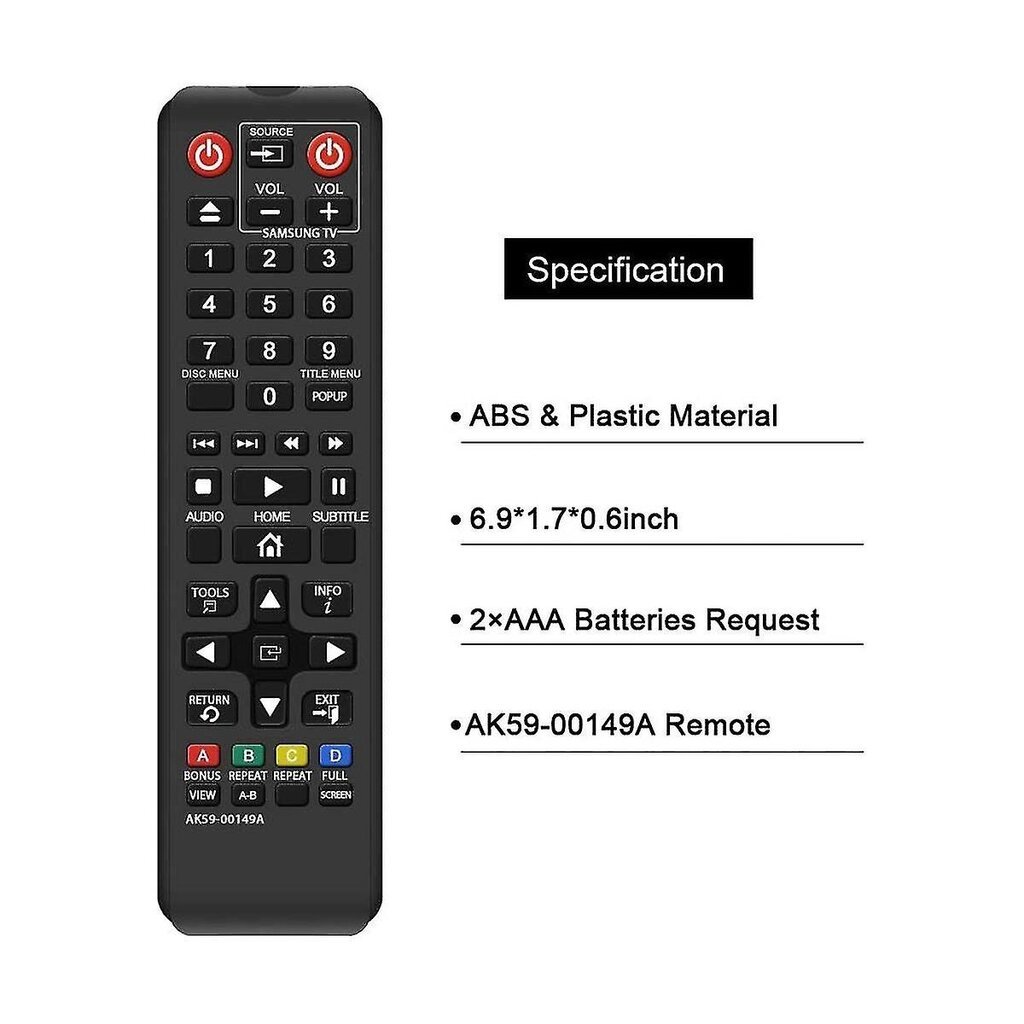 Ak59-00149a Kaukosäätimen vaihto Dvd Blu-ray -soittimelle Bdf5100/ -es5300 -fm51 -fm57c -h5100 hinta ja tiedot | TV-lisätarvikkeet | hobbyhall.fi