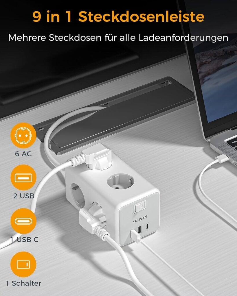 TESSAN TS-306-5M pidennysjohto, 6 pistoketta, 2 USB- ja 1 USB-C, 5 m hinta ja tiedot | Jatkojohdot ja kaapelikelat | hobbyhall.fi