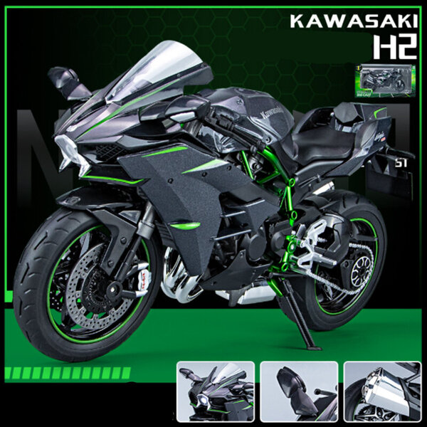 1/9 KAWASAKI H2R Alloy Racing Motorcycle High Simulation Metal Street Sports -moottoripyörämalli Ääni ja kevyt lasten lelu