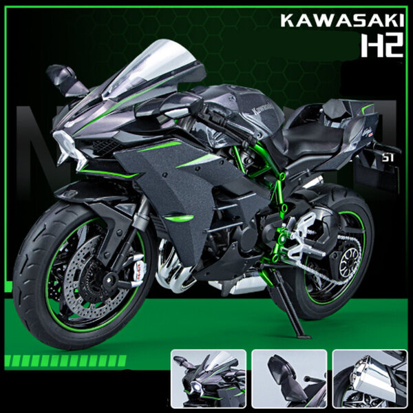 1/9 KAWASAKI H2R -metalliseos kilpamoottoripyörien painevalut Street-moottoripyörämallin simulointiääni- ja valokokoelma, lahjat lapsille