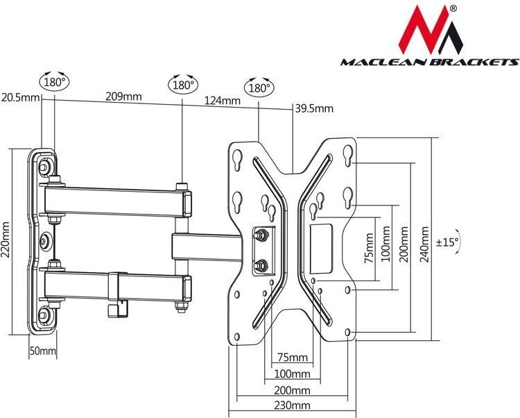 TV-seinäteline Maclean MC-648, 23 '' - 42 '', 30 kg, 23 "- 42" (58-107 cm) hinta ja tiedot | TV-seinätelineet | hobbyhall.fi