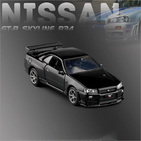 1:36 Nissan GT-R R34 urheiluautojen metalliseosmalli, simuloitu metallinen takaisinvedettävä malli Lelut lasten lahjat F166