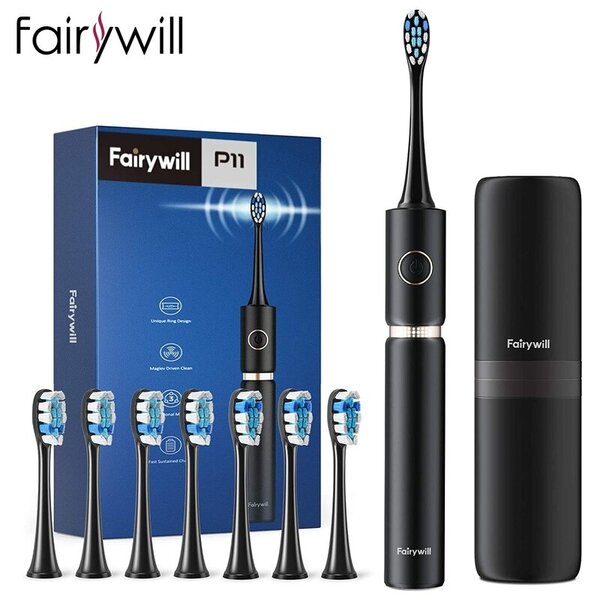 Fairywill P11 Sonic Whitening Sähköhammasharja Ladattava USB-laturi Ultra Tehokas vedenpitävä 4 päätä ja 1 matkalaukkuhammasharja