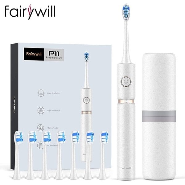 Fairywill P11 Sonic Whitening Sähköhammasharja Ladattava USB-laturi Ultra Tehokas vedenpitävä 4 päätä ja 1 matkalaukkuhammasharja