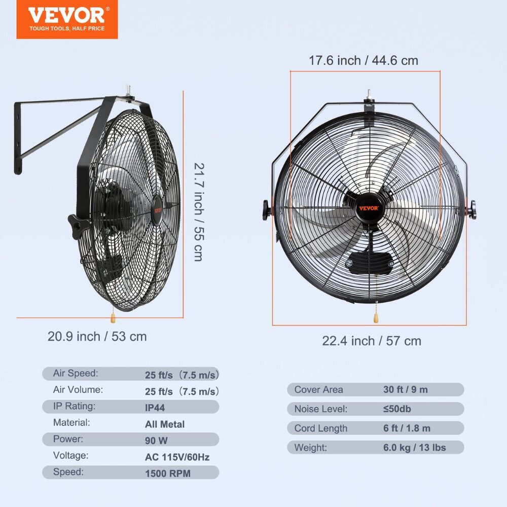 3-nopeuksinen seinäventilaattori Vevor, 4150 CFM, 57 cm hinta ja tiedot | Ilmanvaihtolaitteiden lisätarvikkeet | hobbyhall.fi