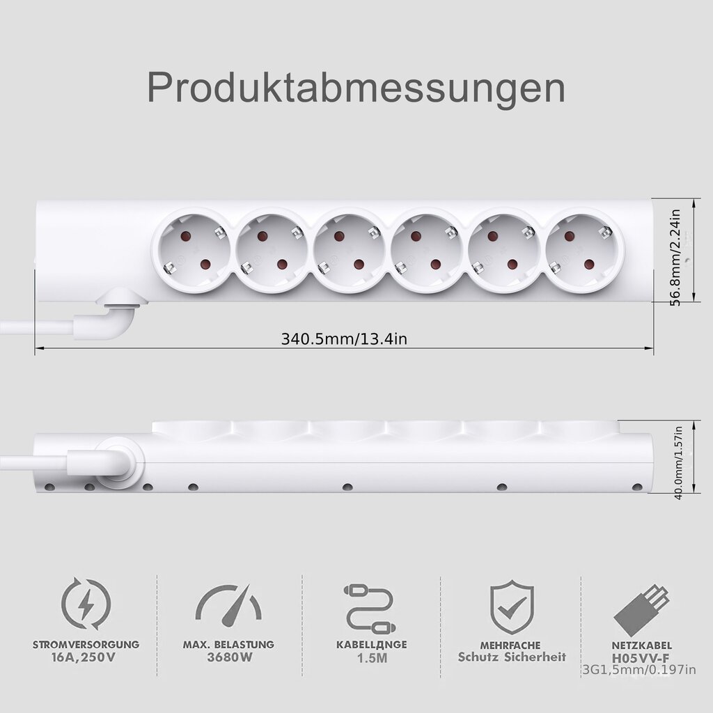 UCOMEN 3/4/5/6-pistoke Jakorasia 1.5m Johdolla, 45° Säädettävä, Valkoinen hinta ja tiedot | Kytkimet ja pistorasiat | hobbyhall.fi