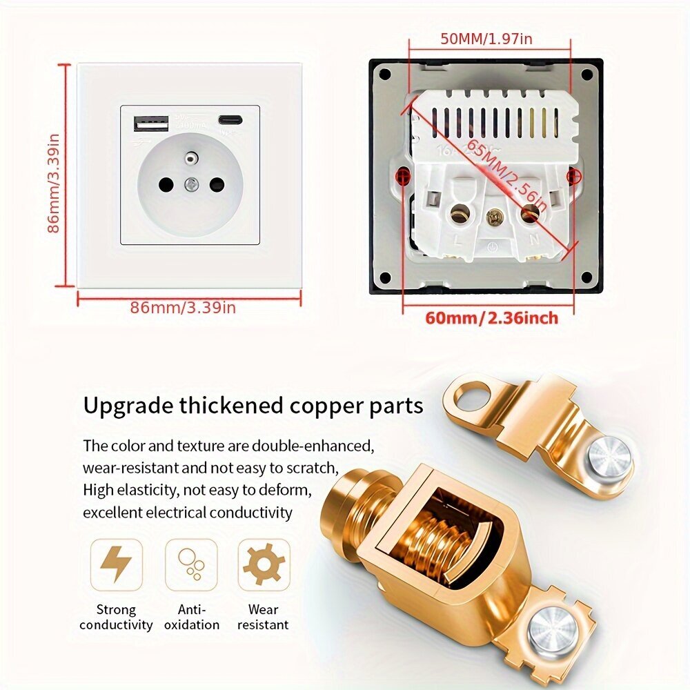 1kpl EU-standardin virtapistorasia, 16A, 86x86mm palonkestävä PC paneeli, 2.1A USB-C latausportti seinäpistorasia hinta ja tiedot | Kytkimet ja pistorasiat | hobbyhall.fi