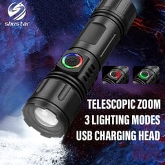 Shustar USB ladattava LED-taskulamppu, 1200mAh, 3 tilat, teleskooppinen zoomi, vedenkestävä. hinta ja tiedot | Retkilamput | hobbyhall.fi