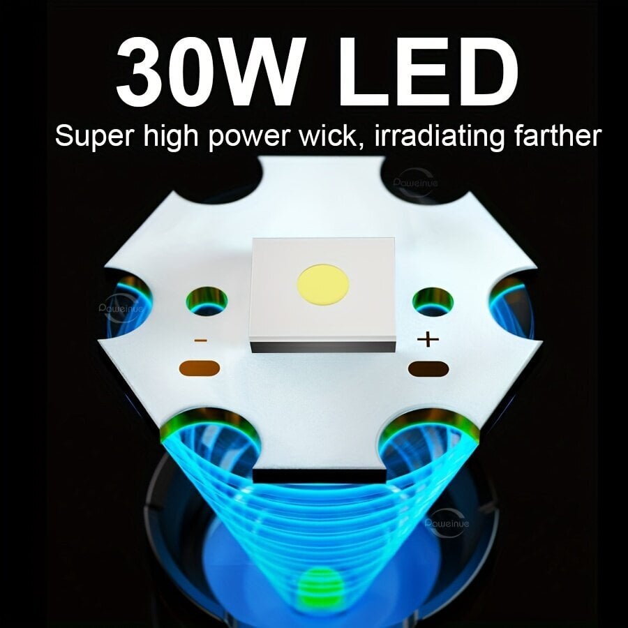 30W Super Kirkas LED Kannettava Taskulamppu, 800M Pitkä Kantama hinta ja tiedot | Retkilamput | hobbyhall.fi