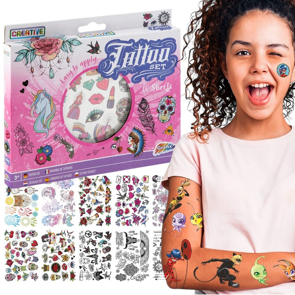 Lasten pestävät tatuoinnit tarrat 10 kaarta. tatuointi mega setti hinta ja tiedot | Taide- ja askartelutarvikkeet | hobbyhall.fi