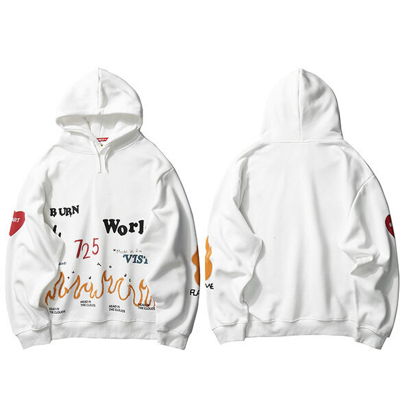 (A31W2179 White-S）Harajuku Huppari Huppari Miesten Streetwear Fire Flame Graffiti Hip Hop hinta ja tiedot | Miesten puserot ja hupparit | hobbyhall.fi