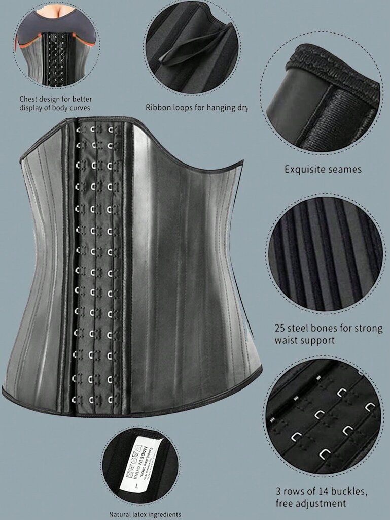 Latex Waist Trainer 25 teräsluulla painonpudotukseen ja vartalon muotoiluun · Black·L hinta ja tiedot | Maalit | hobbyhall.fi