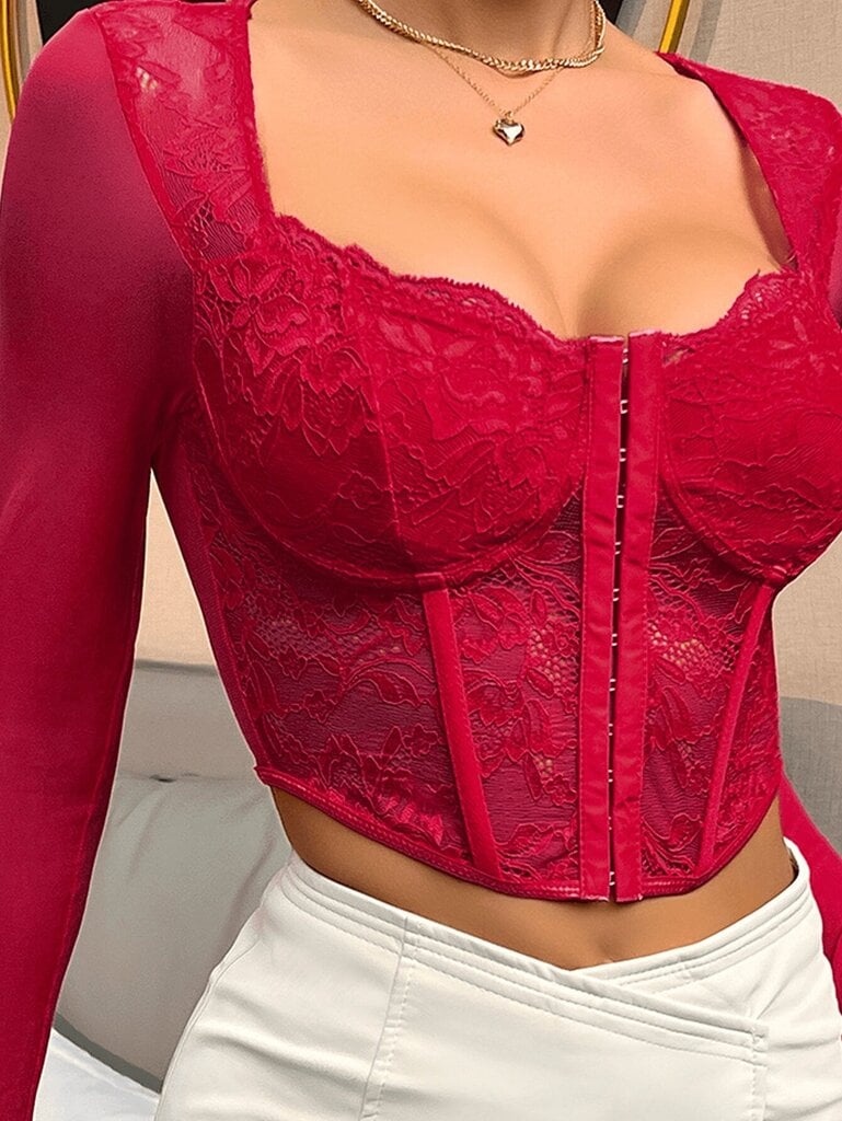 1 kpl Sexy Naisten pitsipatchwork mesh -läpinäkyvä korsettitoppi, jossa hakaskiinnitys ja luuttomaksi·Burgundy·L hinta ja tiedot | Hameet | hobbyhall.fi