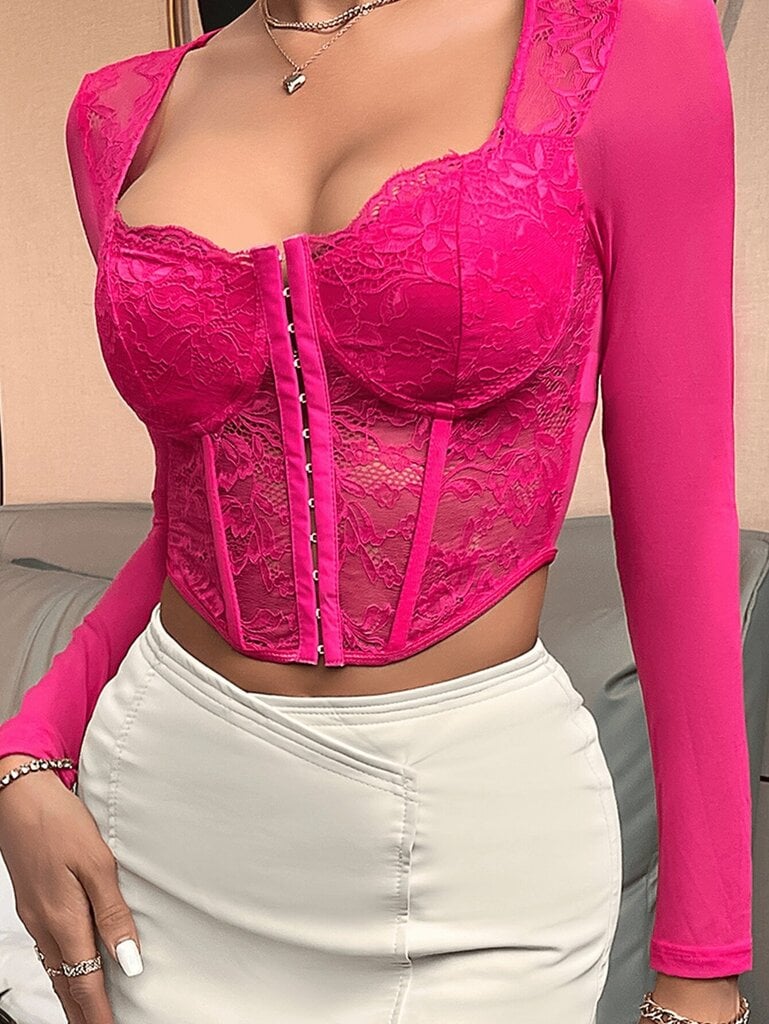 1kpl Sexy Naisten pitsipatchwork mesh läpinäkyvä korsettitoppi koukulla ja luuttomalla·Hot Pink·L hinta ja tiedot | Hameet | hobbyhall.fi