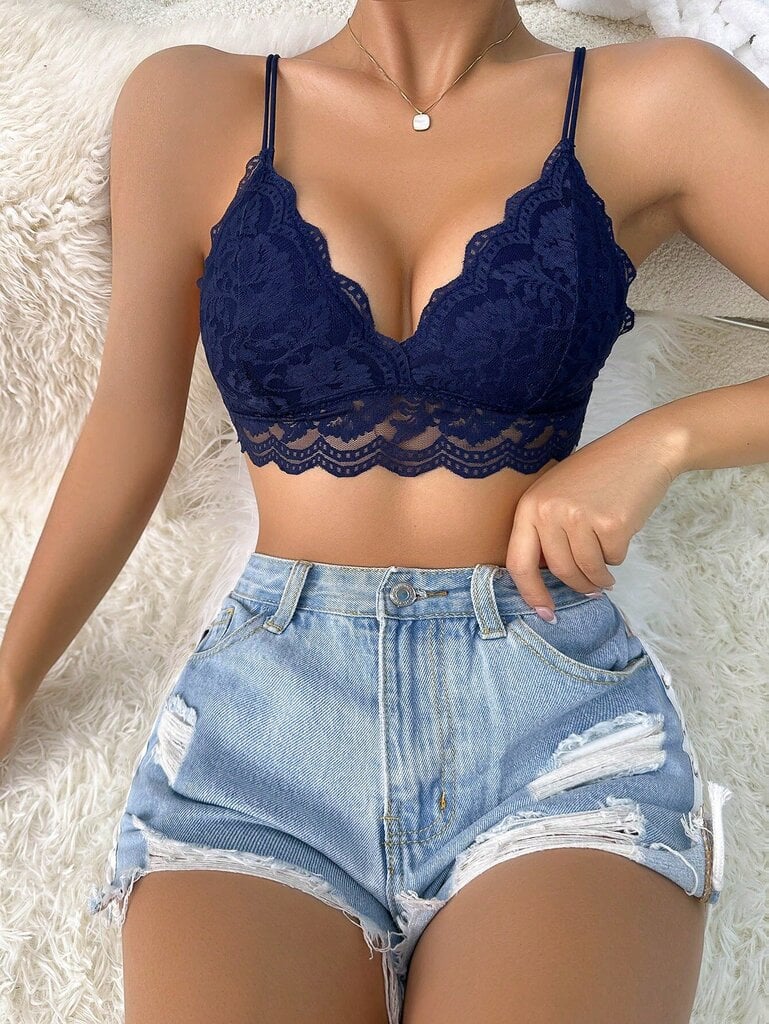 Floral Lace Scallop Trim Bralette·Navy Blue·S hinta ja tiedot | Rintaliivit | hobbyhall.fi