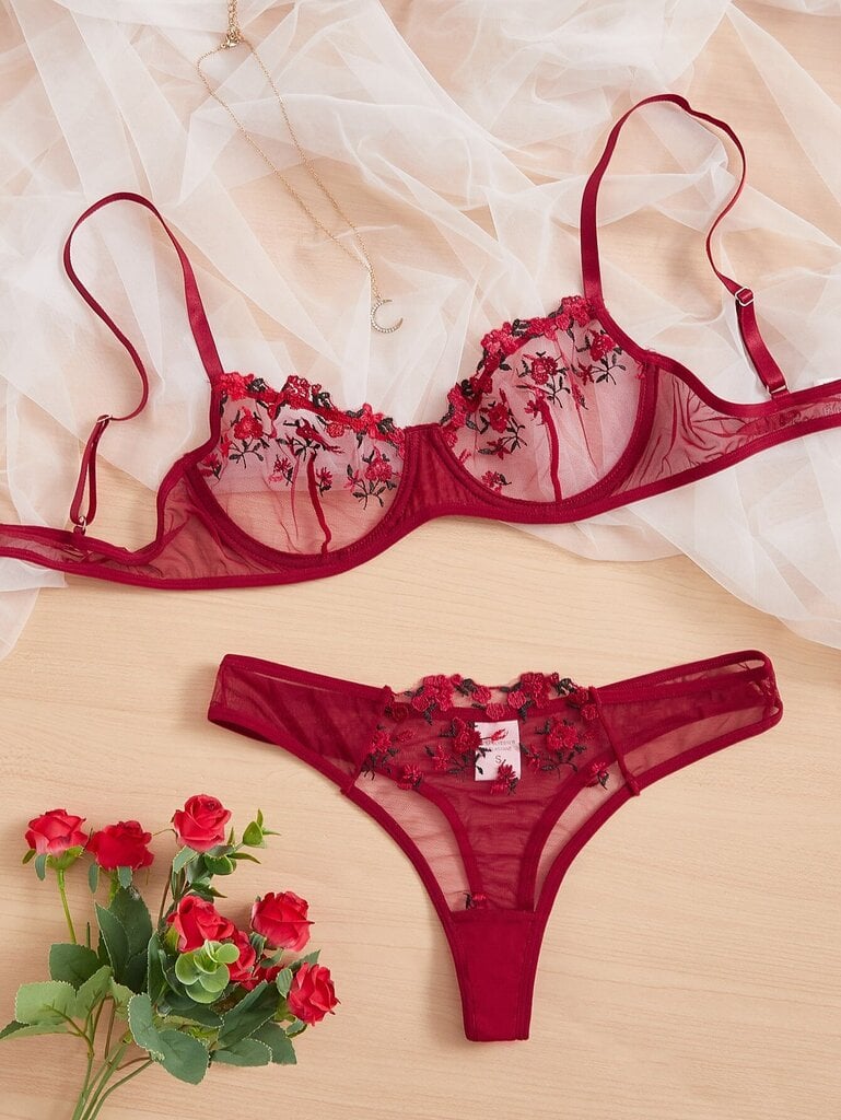 Embroidery Mesh Underwire Alusvaatteet Set·Burgundy·S hinta ja tiedot | Rintaliivit | hobbyhall.fi