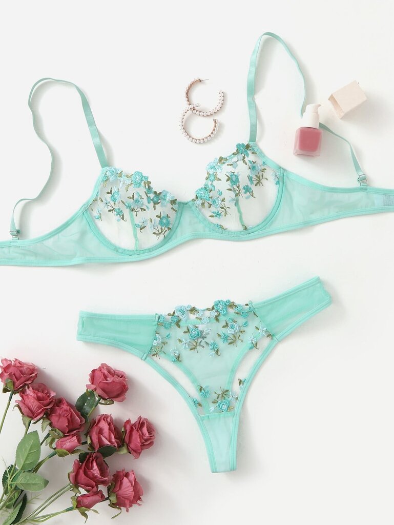 Embroidery Mesh Underwire Alusvaatteet Set·Green·S hinta ja tiedot | Rintaliivit | hobbyhall.fi