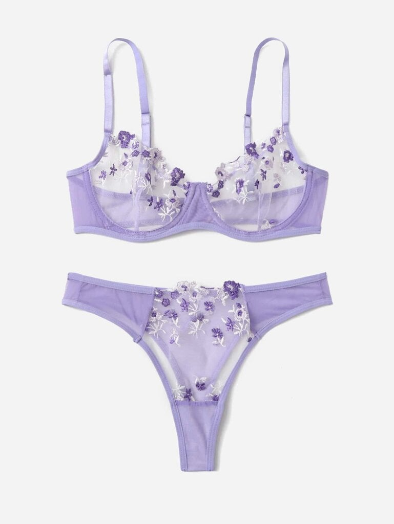 Embroidery Mesh Underwire Alusvaatteet Set·Lila Purple·S hinta ja tiedot | Rintaliivit | hobbyhall.fi