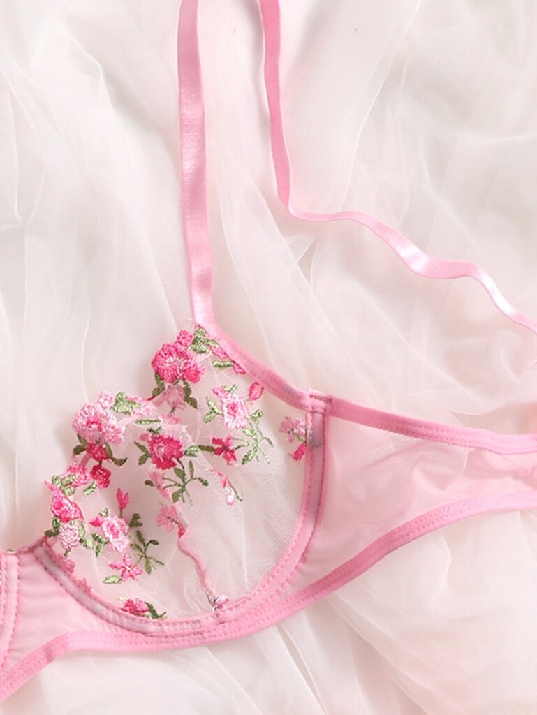 Embroidery Mesh Underwire Alusvaatteet Set·Pink·L hinta ja tiedot | Rintaliivit | hobbyhall.fi