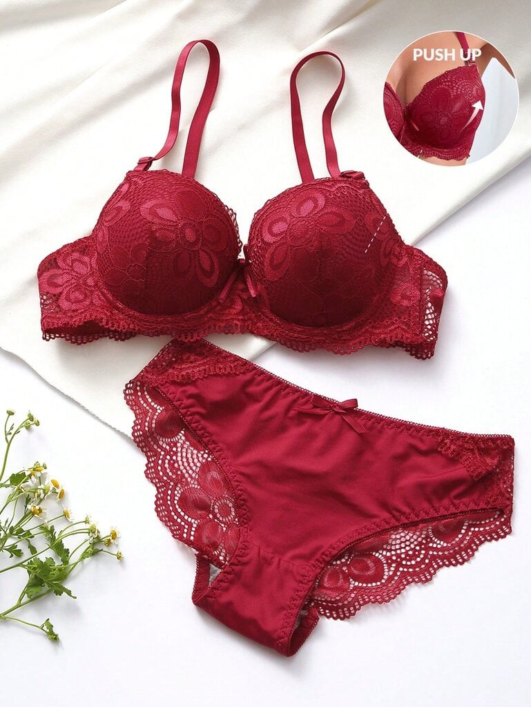 Floral Lace Underwire Alusvaatteet Set·Burgundy·S hinta ja tiedot | Rintaliivit | hobbyhall.fi