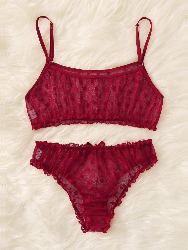 Polka Dot Mesh Frill Trim Alusvaatteet Set·Burgundy·L hinta ja tiedot | Rintaliivit | hobbyhall.fi