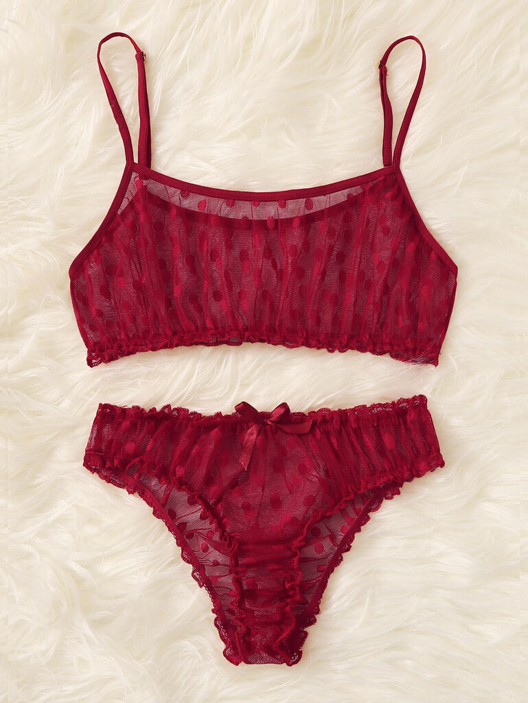 Polka Dot Mesh Frill Trim Alusvaatteet Set·Burgundy·L hinta ja tiedot | Rintaliivit | hobbyhall.fi