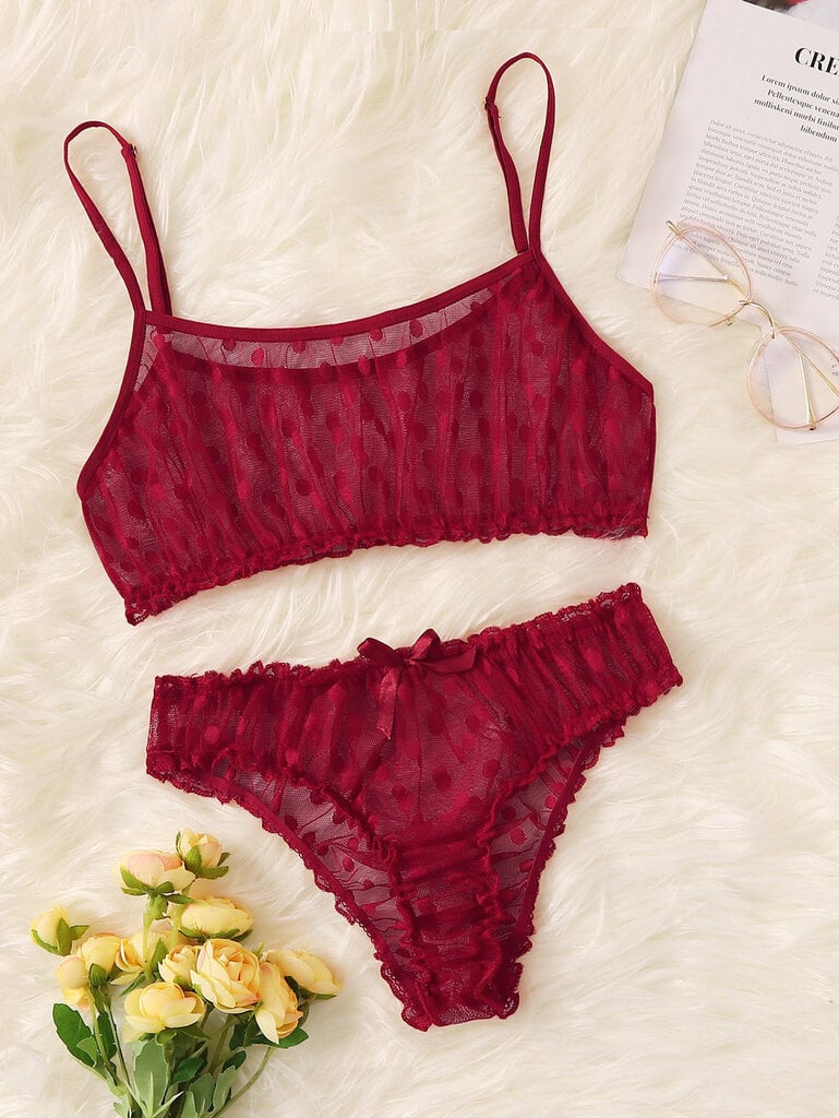 Polka Dot Mesh Frill Trim Alusvaatteet Set·Burgundy·L hinta ja tiedot | Rintaliivit | hobbyhall.fi