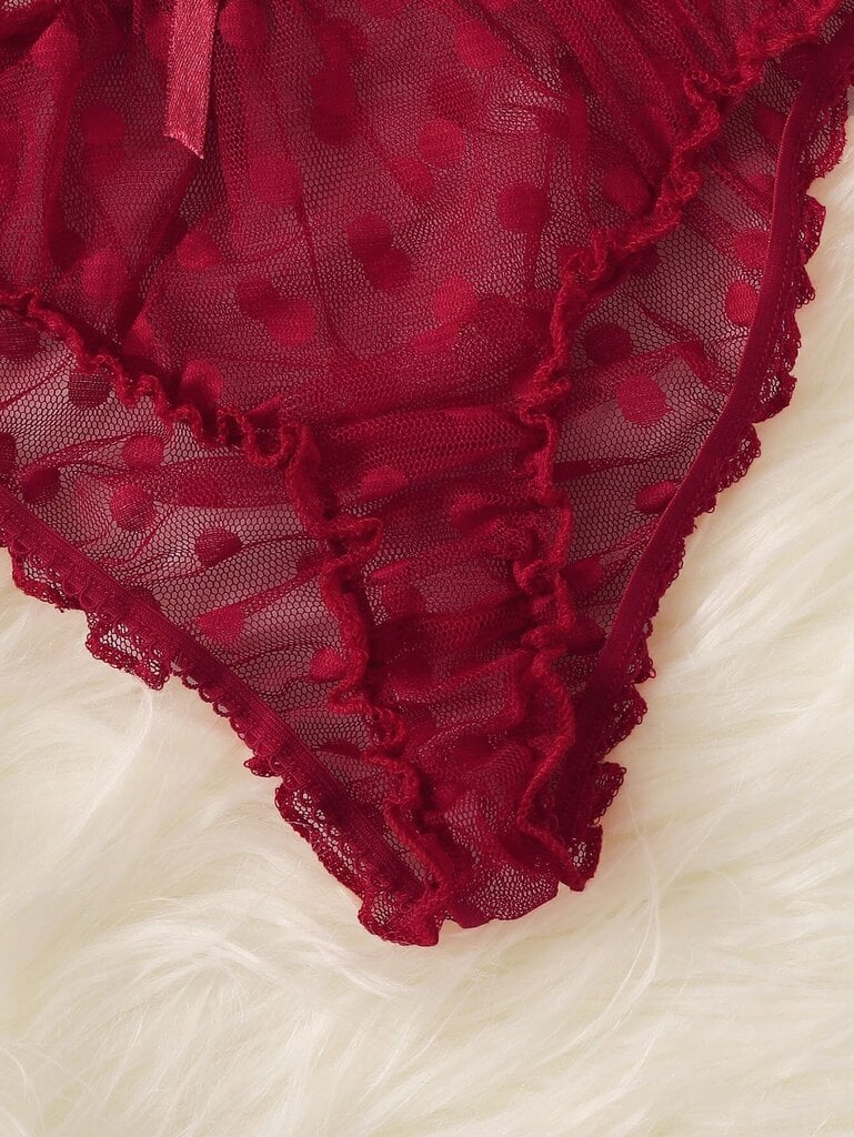 Polka Dot Mesh Frill Trim Alusvaatteet Set·Burgundy·L hinta ja tiedot | Rintaliivit | hobbyhall.fi